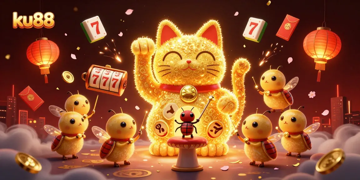 Experience luck with ku88 as golden fireflies create a vibrant casino scene with symbols and celebrations.