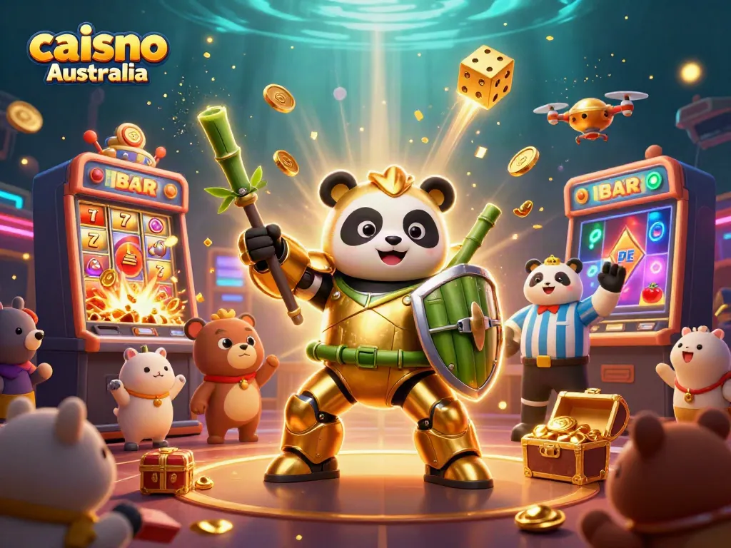 Experience the excitement of caisno Australia with a 3D golden panda mech battling in a vibrant casino arena.