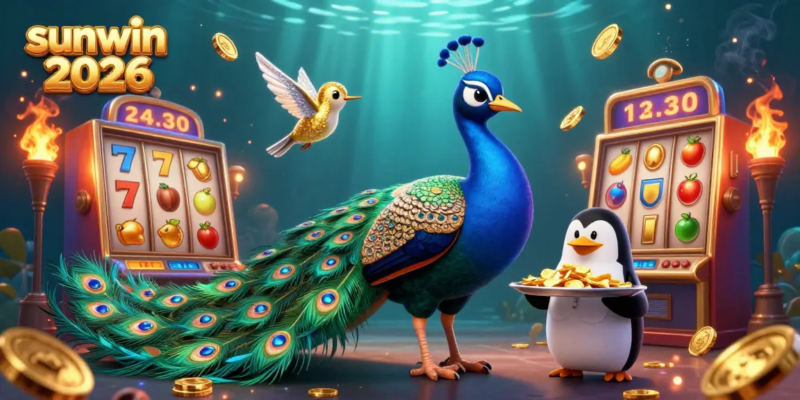 Witness the excitement with sunwin 2026 as a peacock and hummingbird showcase the vibrant slot games and golden jackpots.