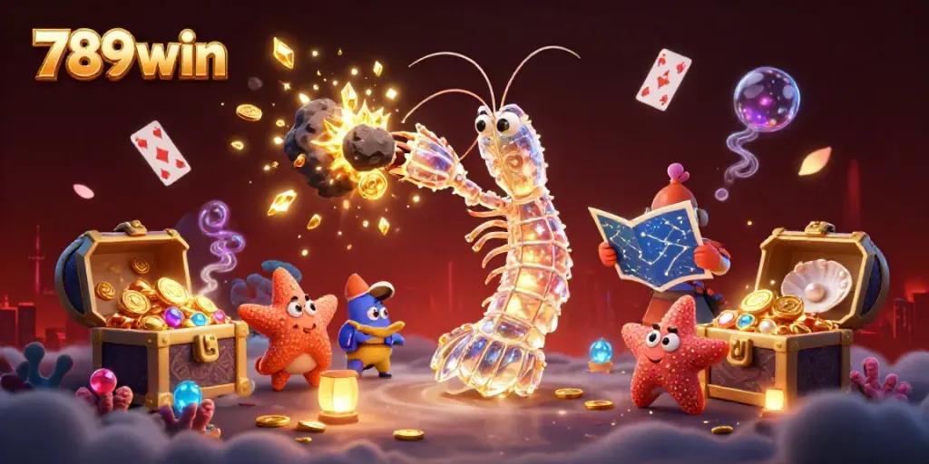 Experience the excitement of 789win with a dynamic scene of 3D characters and treasures, showcasing captivating casino elements.