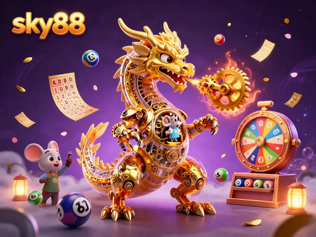 Experience thrilling gameplay with sky88 in this vibrant 3D illustration featuring dynamic casino elements and a golden dragon.