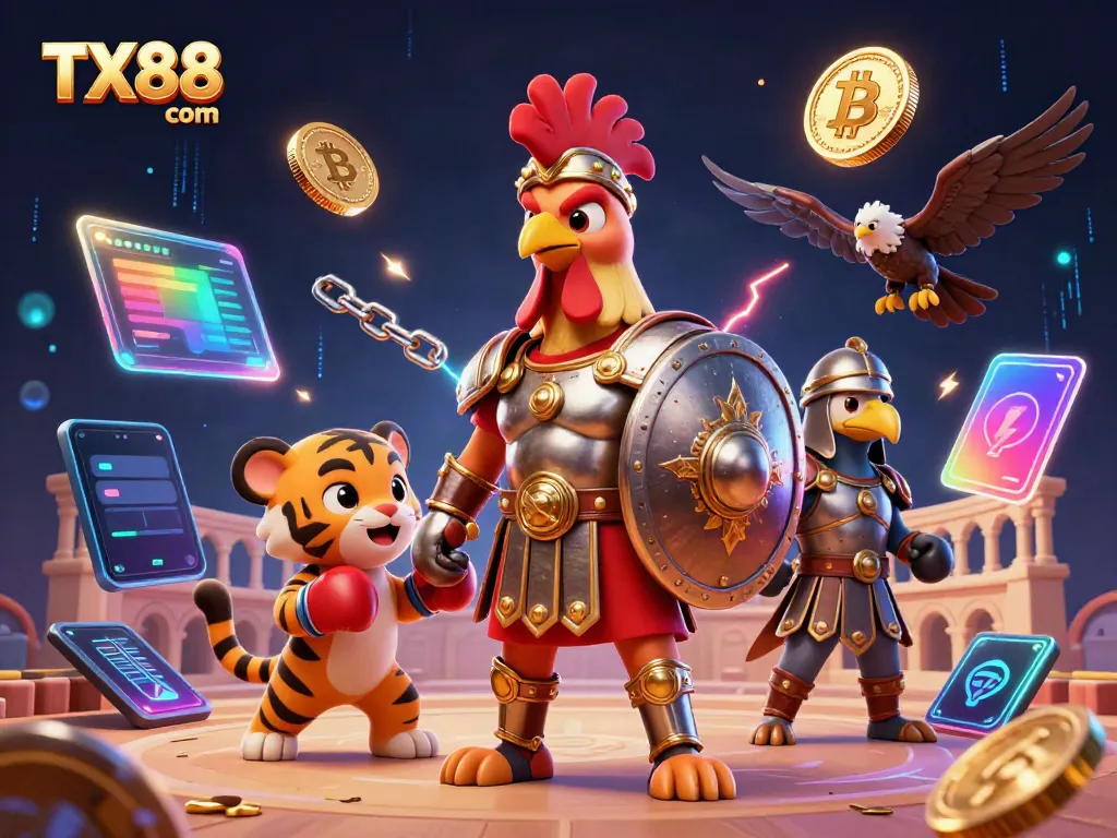 Experience thrilling gameplay with games at TX88 com featuring animated rooster champions and crypto elements.