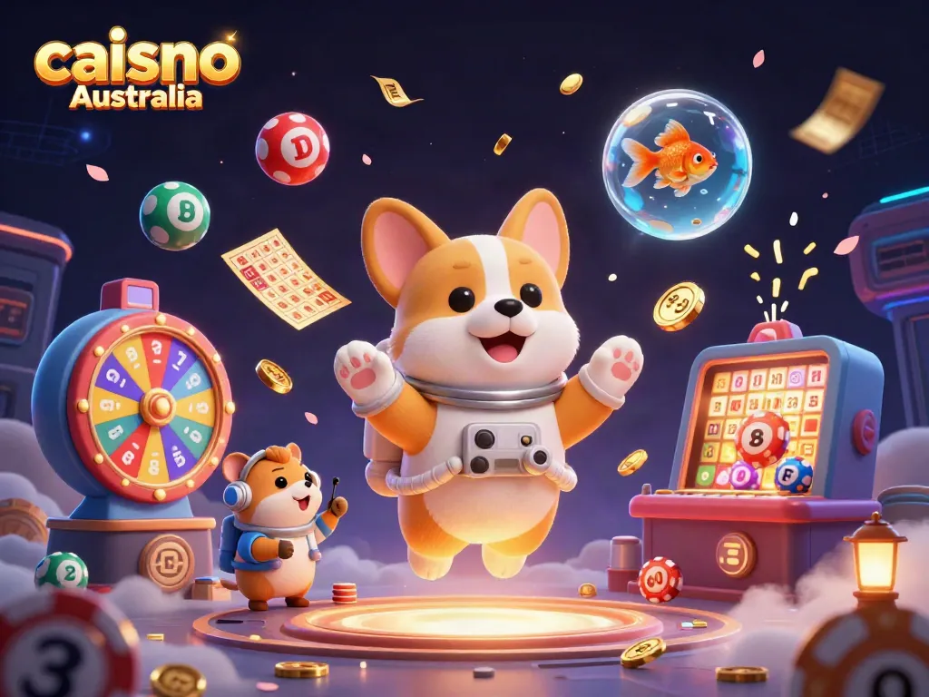 Engage with caisno Australia in a vibrant 3D casino scene filled with dynamic gaming elements.