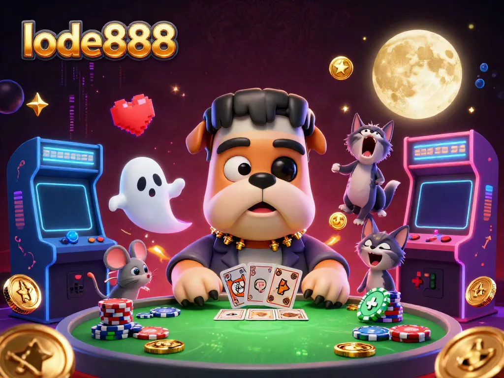 Engage with lode888 by winning big at a spooky casino table featuring cartoon characters and vibrant gaming elements.