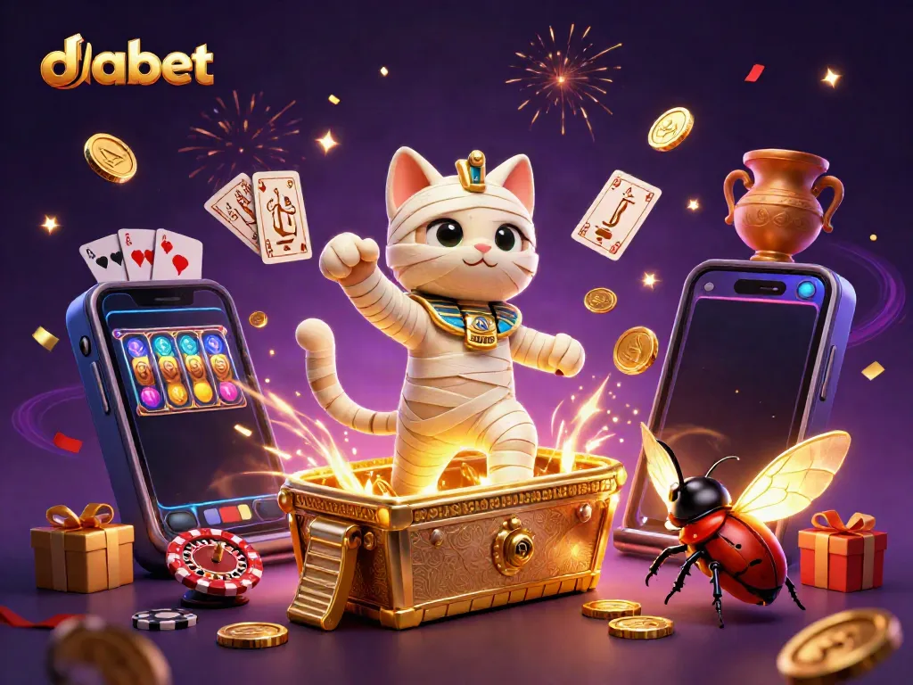 Experience the vibrant world of DABET with a dynamic 3D casino scene featuring a mummy cat and exciting game elements.