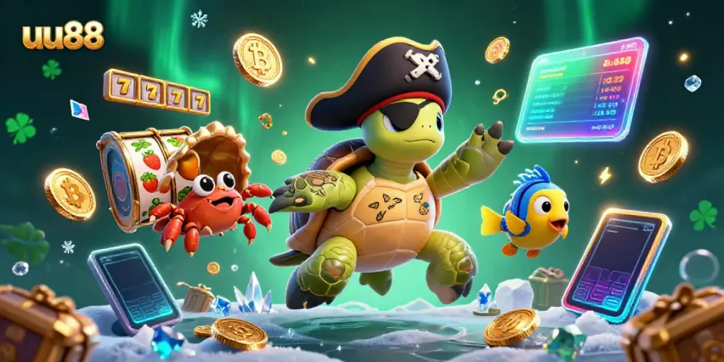 Experience thrilling gaming at uu88 with a vibrant scene of a pirate turtle and exciting casino elements.