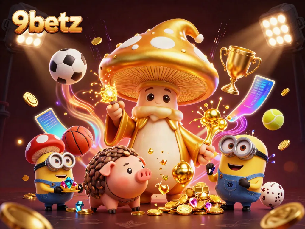 Engage with the exciting realm of 9betz, featuring a whimsical golden wizard and treasure hunting pig in a dynamic casino atmosphere.