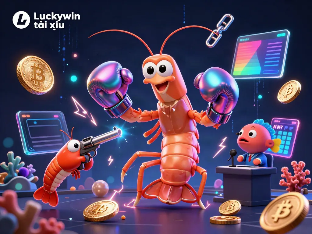 Engage with Luckywin tài xỉu through vibrant 3D illustration of unique shrimp characters and crypto elements.