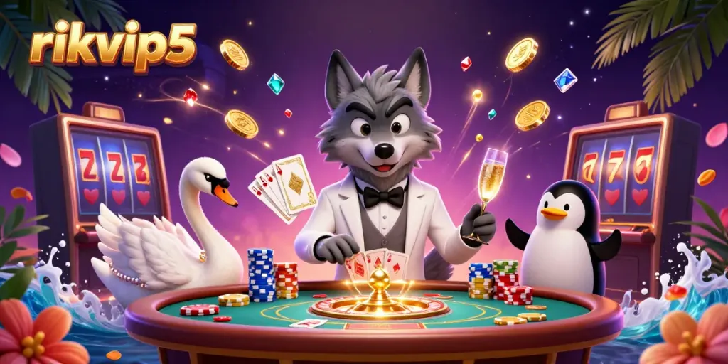 rikvip5 showcases a lively casino scene with a debonair wolf, swan dealer, and penguin sommelier.