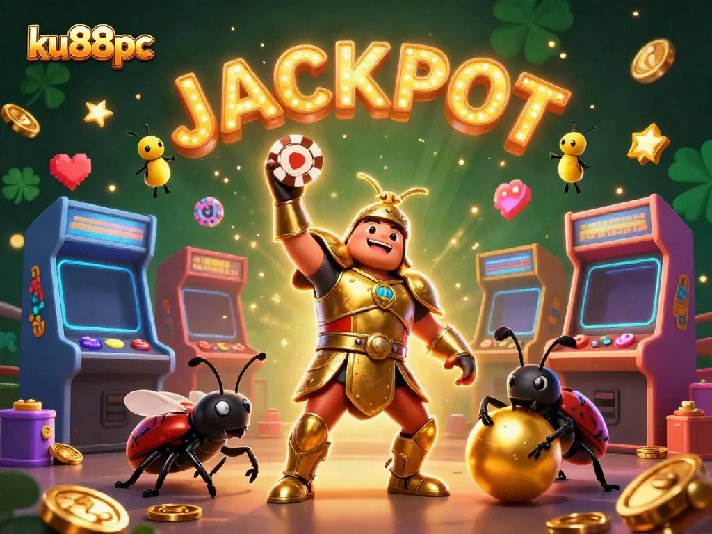 Vibrant illustration of ku88pc with a golden beetle champion, casino elements, and glowing arcade machines surrounding it.
