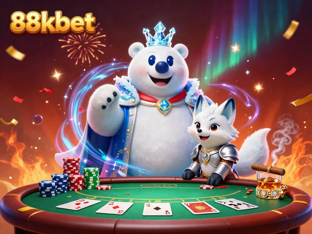 Experience the excitement of 88kbet with an immersive polar bear and snow fox in a vibrant casino scene.