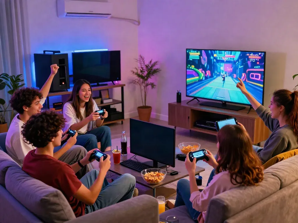 Friends immersed in Nohuwin gaming experience in a vibrant living room.