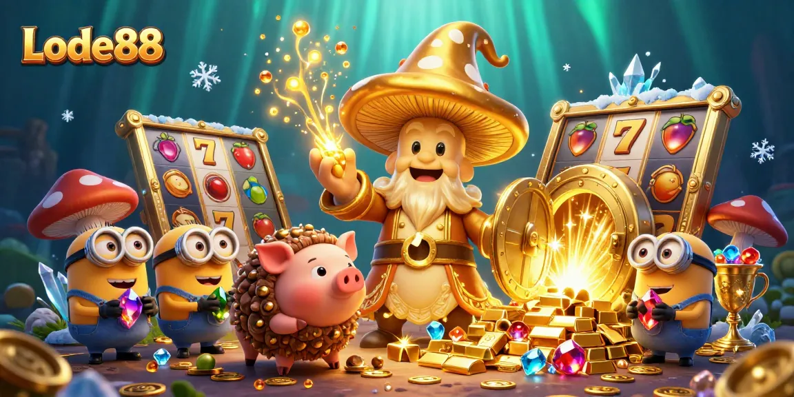 Lode88 showcases a magical casino world with a wizard, treasure, and slot reels intertwined