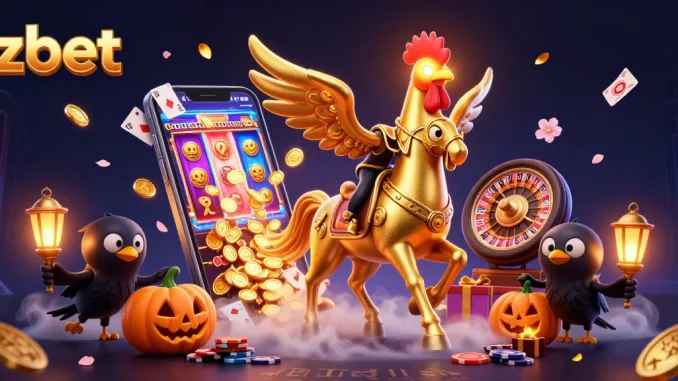 Engage with zbet in an immersive casino scene featuring a golden rooster and enchanted gaming elements.