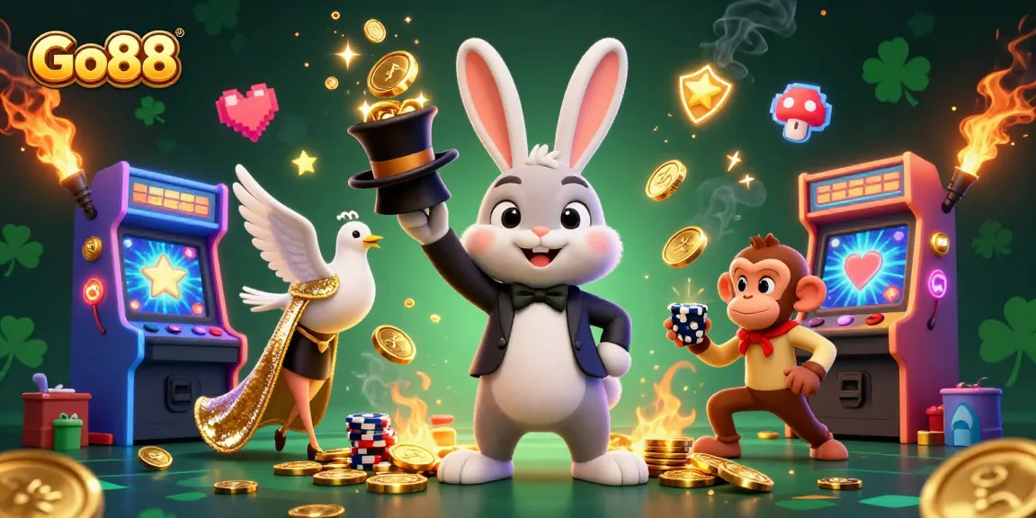 Engage with Go88's vibrant game scene, where a magician rabbit dazzles with golden coins amidst colorful gaming elements.