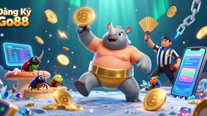 Experience thrilling gameplay with Đăng Ký Go88 amidst gold coins and neon crypto elements in this vibrant scene.