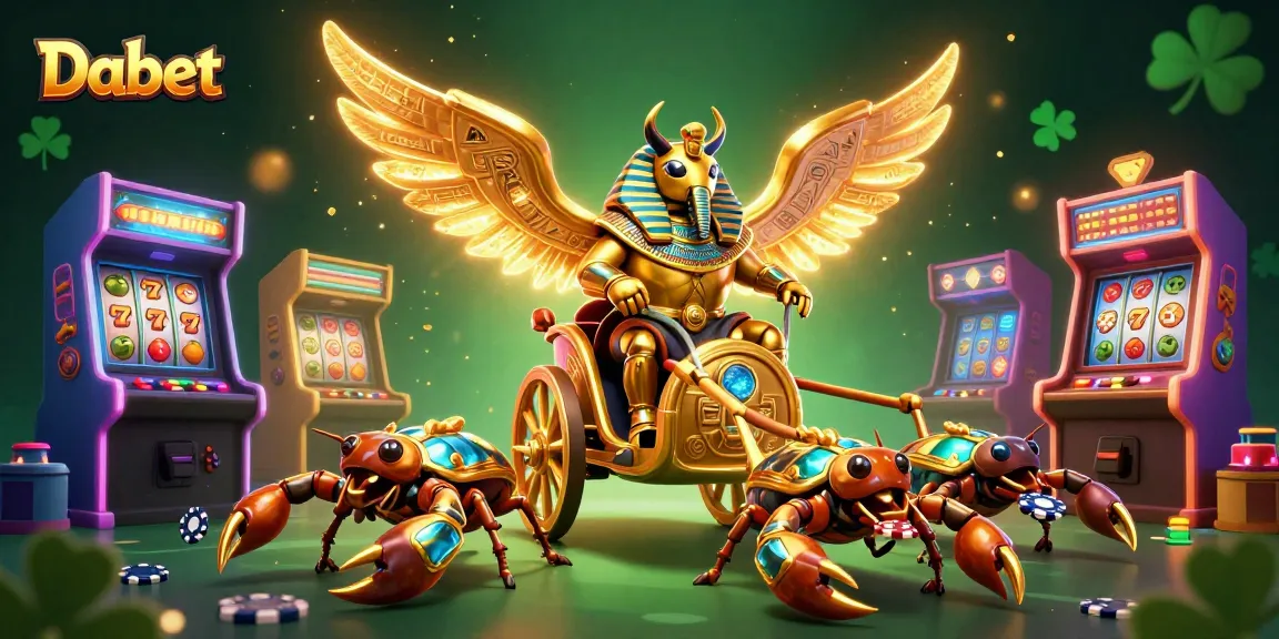 Dabet features a vibrant 3D scene with a golden scarab beetle and gaming elements highlighting online gambling excitement.
