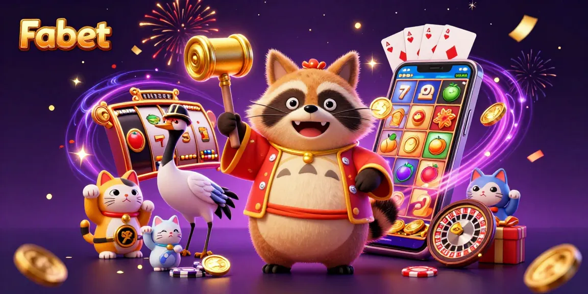 Win big with Fabet's vibrant 3D casino scene showcasing festive characters and playful gaming elements.