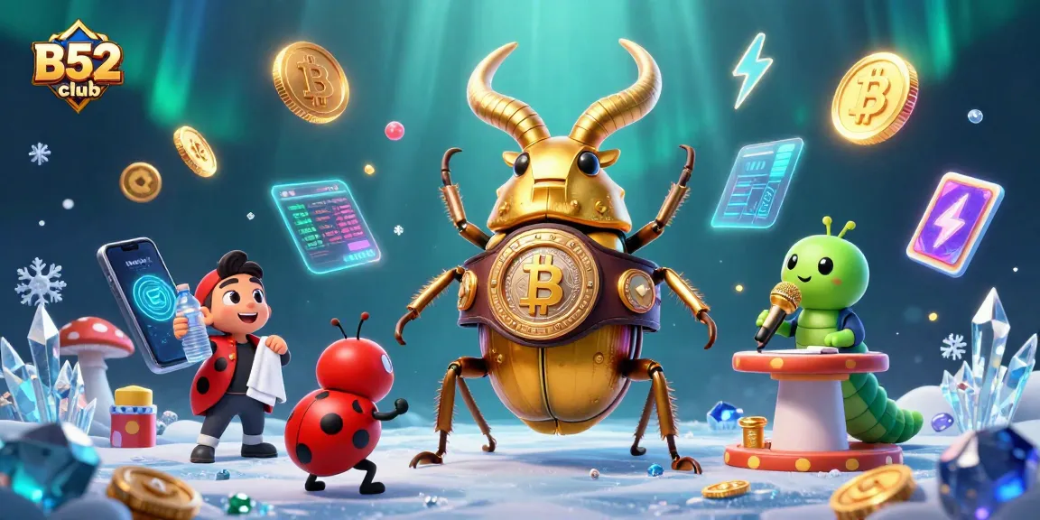 B52club showcases a lively casino atmosphere with a giant golden beetle champion, ladybug assistant, and caterpillar announcer, immersed in vibrant game elements.