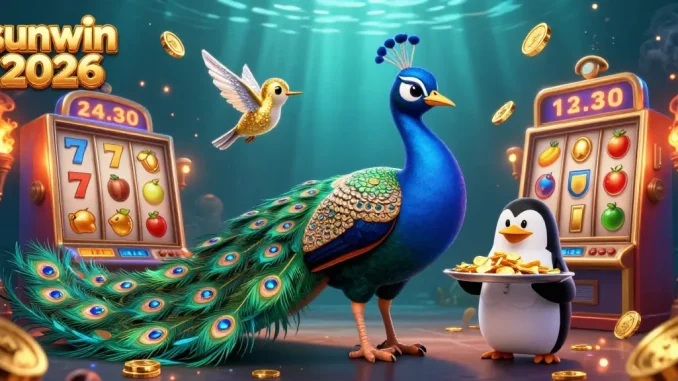 Witness the excitement with sunwin 2026 as a peacock and hummingbird showcase the vibrant slot games and golden jackpots.