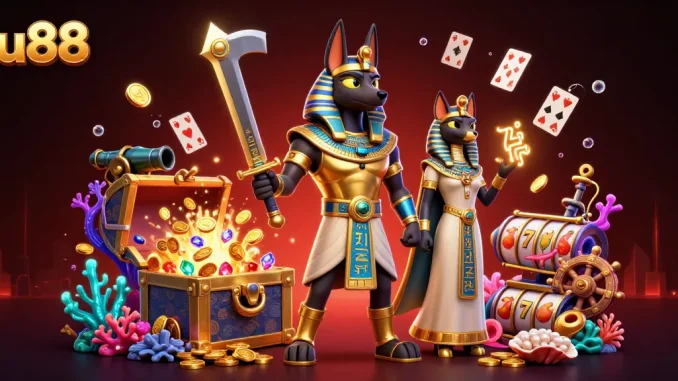 Experience vibrant action at lu88 with Anubis and Bastet surrounded by treasure and glowing gaming elements.