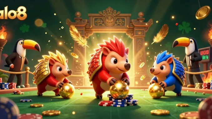 Compete at alo8: Rival pangolins bowling through poker chips in a vibrant casino scene.