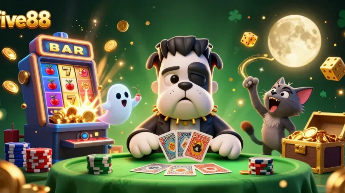 Engage with five88 in a thrilling casino scene featuring a monstrous dealer and spectral games.