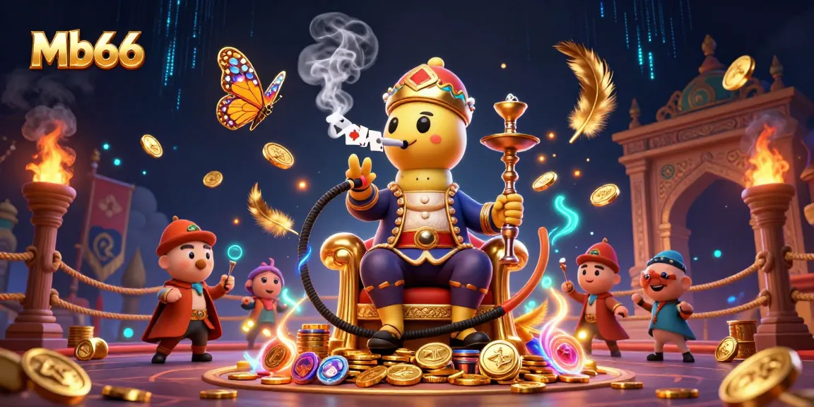 Engage with Mb66's vibrant casino atmosphere featuring a caterpillar hookah-master amidst dynamic gambling elements.
