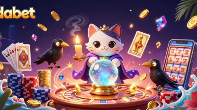 dabet offers an enchanting scene with a fortune teller cat and a raven amidst casino elements.