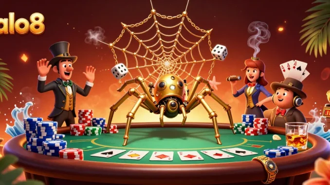 Engaging alo8 illustration showcasing a golden spider in a poker web, embodying the ultimate gambling experience.