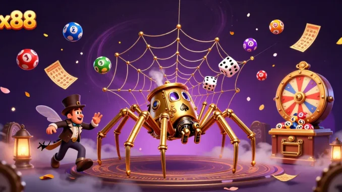 Experience the thrill of tx88 with a steampunk spider catching dice in a vibrant lottery scene.