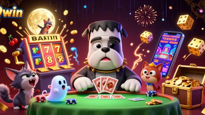9win characters deal cards at a spooky table, surrounded by winning slot machine elements.