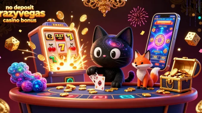 Claim the no deposit crazyvegas casino bonus with a cosmic 3D scene of cats and vibrant gaming elements.