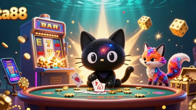 Experience ta88 in an exciting cosmic casino scene filled with vibrant 3D characters and gaming elements.