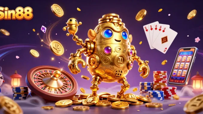 Experience thrilling wins with Sin88 as a golden golem and casino elements create a vibrant gaming scene.