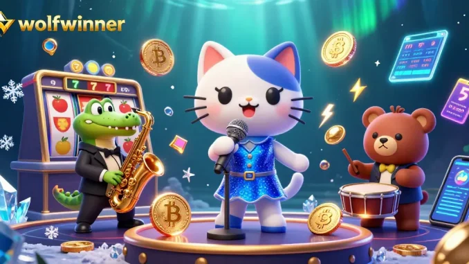 wolfwinner casino scene featuring a jazz-singer cat, zoot suit crocodile, and bear drummer with crypto elements