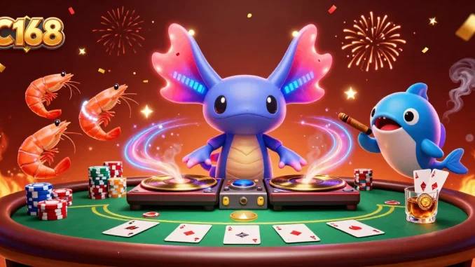 Experience the excitement of C168 as a neon axolotl DJ spins records amidst vibrant casino elements.