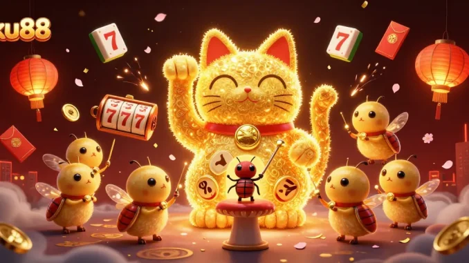 Experience luck with ku88 as golden fireflies create a vibrant casino scene with symbols and celebrations.