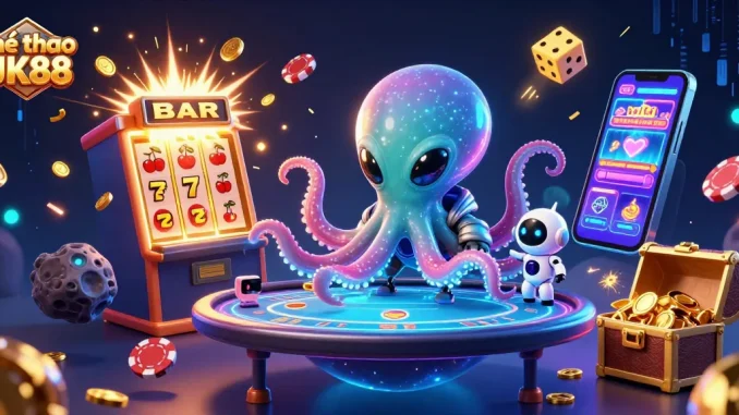 Engage with Thể thao UK88 as a cartoon alien octopus plays poker amidst cosmic casino excitement.
