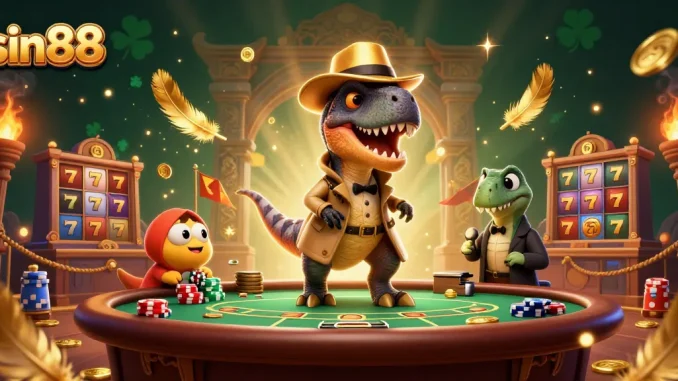 Sin88 cartoon velociraptor playing blackjack while a stegosaurus pit boss watches in a lively casino scene