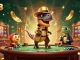 Sin88 cartoon velociraptor playing blackjack while a stegosaurus pit boss watches in a lively casino scene