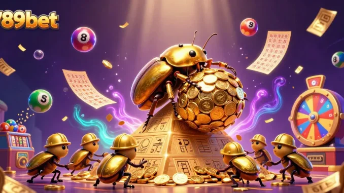 Chơi tài lộc tại 789bet với hình ảnh sống động của bọ hung vàng và các hạng mục casino.
