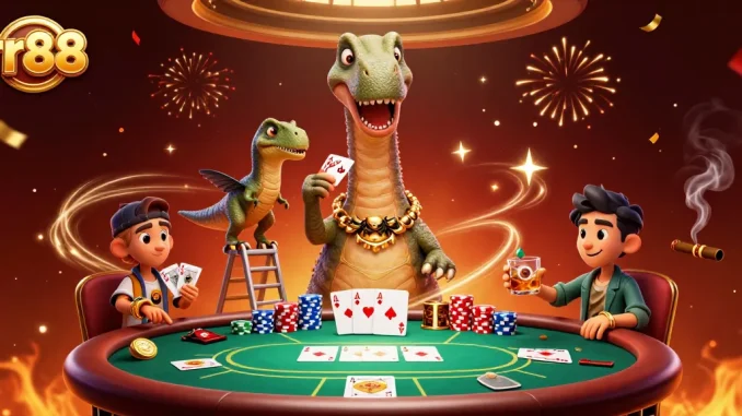 Experience rr88 excitement as a brontosaurus overlooks a poker game, surrounded by vibrant casino elements.