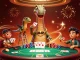 Experience rr88 excitement as a brontosaurus overlooks a poker game, surrounded by vibrant casino elements.